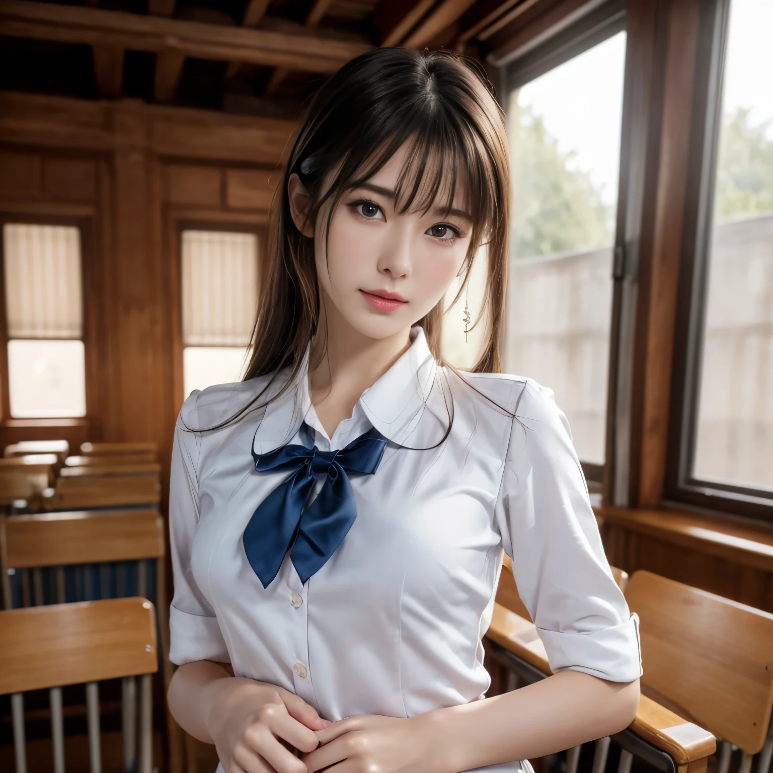 masterpiece,highest quality,Ultra-high resolution、Beautiful women, Woman、((In the classroom))、((school uniform,JK Uniform,Detailed Description))、RAW Photos,(photoRealistic:1.37,Realistic),Highly detailed synthetic CG 8K raw photos:1.5、One girl,(((Perfect body:1.1)),(Medium chest:1.2),Looking at the audience,(((Straight from the front)))),(high quality skins:1.2,shiny silky skin)、8K Ultra HD,Digital SLR,Soft lighting,super high quality,Ilm grain,Fujifilm XT3,((whole body: 0.95)),(Professional Lighting:1.4)、