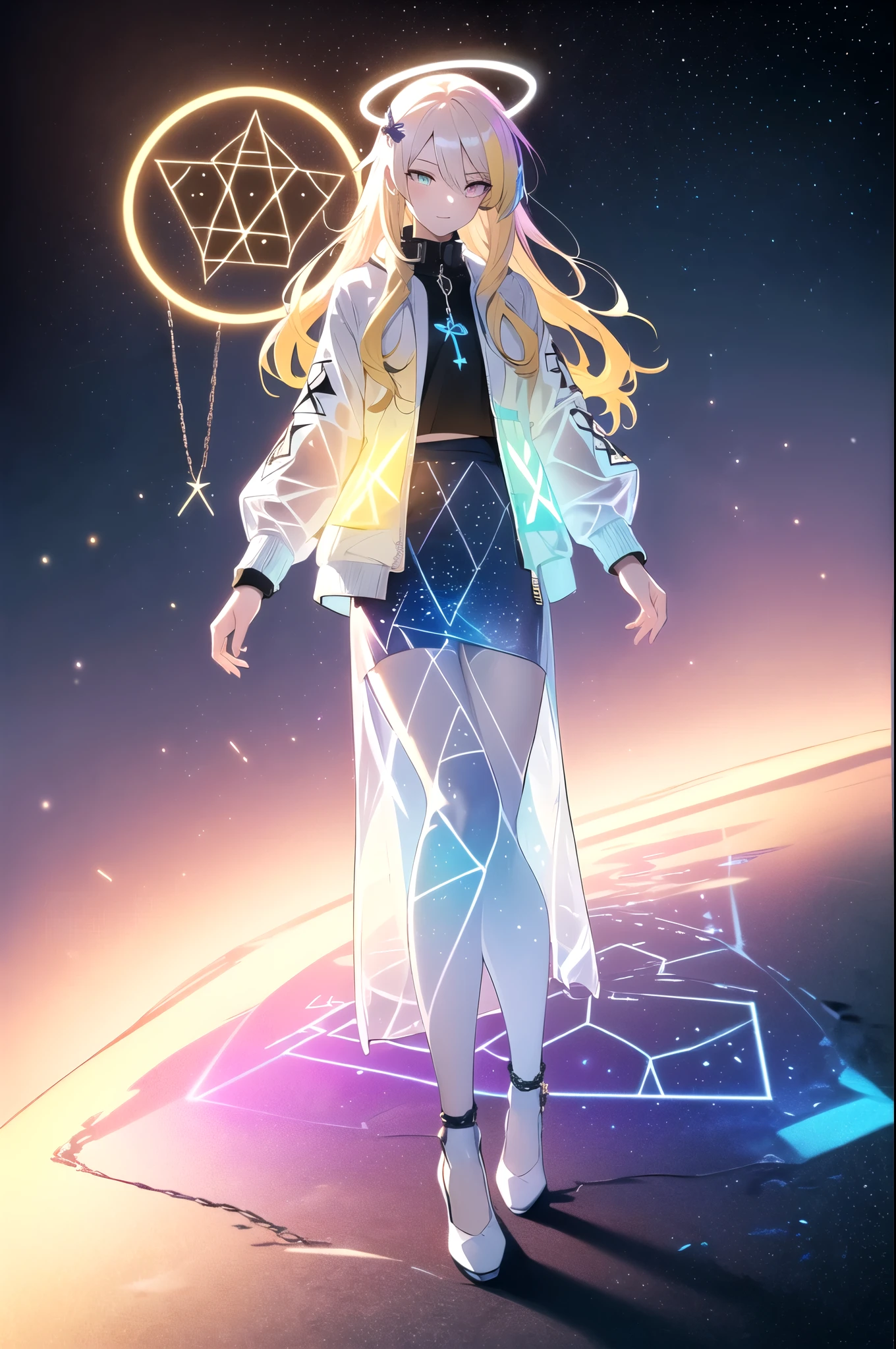 (blonde hair, long hair, sidelocks), (eyes with a mix of yellow and blue irises:1.5), two-tone eyes, (multicolored eyes:1.5) (gradient eyes:1.5), (white and blue jacket with constellation prints:1.5), (best quality,4k,8k,highres,masterpiece:1.2), ultra-detailed, portraits, (HDR:1.1), (vivid colors:1.1), (studio lighting), (bokeh), (highly saturated colors), (soft lighting), (detailed background), (subtle shadows), (ethereal glow), (pastel color palette), (delicate details), (sublime beauty), (feminine charm), (crisp focus), (fine brushwork), (impeccable craftsmanship), (emotional depth), (captivating storytelling), (intriguing narrative), (impressive realism), (exceptional artistry), (masterpiece-worthy), (awe-inspiring), blonde hair, very long hair, sidelocks, (eyes with a mix of yellow and blue irises:1.5), (two-tone eyes:1.5), (multicolored irises:1.5), multicolored eyes (gradient eyes:1.5), white and blue jacket with constellation prints, metallic skirt, (smug:1.5), (smirk), naughty face, mischievous, futuristic clothing, science fiction setting, high-tech, glowing eyes, (unicursal hexagram-shaped irises), (full body:1.5), (chains:1.5), (holographic halo:1.5), (unicursal hexagram halo:1.5), xuer hologram Laser skirt, (transparent skirt:1.5)