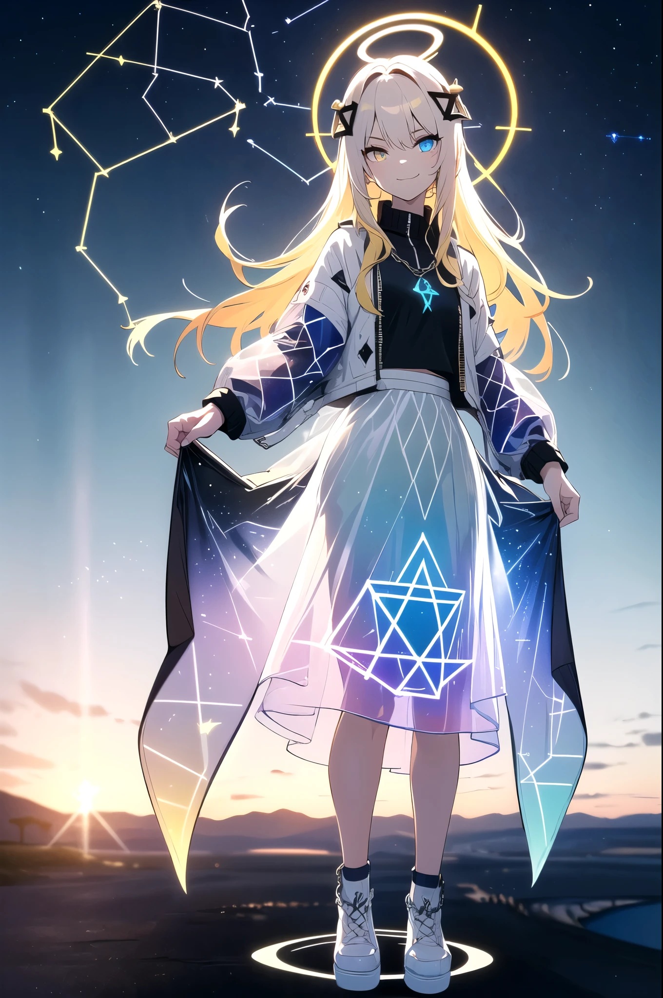 (blonde hair, long hair, sidelocks), (eyes with a mix of yellow and blue irises:1.5), two-tone eyes, (multicolored eyes:1.5) (gradient eyes:1.5), (white and blue jacket with constellation prints:1.5), (best quality,4k,8k,highres,masterpiece:1.2), ultra-detailed, portraits, (HDR:1.1), (vivid colors:1.1), (studio lighting), (bokeh), (highly saturated colors), (soft lighting), (detailed background), (subtle shadows), (ethereal glow), (pastel color palette), (delicate details), (sublime beauty), (feminine charm), (crisp focus), (fine brushwork), (impeccable craftsmanship), (emotional depth), (captivating storytelling), (intriguing narrative), (impressive realism), (exceptional artistry), (masterpiece-worthy), (awe-inspiring), blonde hair, very long hair, sidelocks, (eyes with a mix of yellow and blue irises:1.5), (two-tone eyes:1.5), (multicolored irises:1.5), multicolored eyes (gradient eyes:1.5), white and blue jacket with constellation prints, metallic skirt, (smug:1.5), (smirk), naughty face, mischievous, futuristic clothing, science fiction setting, high-tech, glowing eyes, (unicursal hexagram-shaped irises), (full body:1.5), (chains:1.5), (holographic halo:1.5), (unicursal hexagram halo:1.5), xuer hologram Laser skirt, (transparent skirt:1.5)