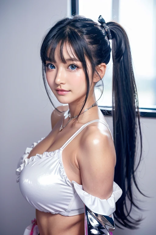 woman, 美Shii顔, perfection face, blue eye fully black hair, Pale skin, A small smile, sexy, perfection, Face zoom in, Close-up shot of face against white wall,  highest quality, detailed, Canon EOS 80D Photo, Tall face, indoor, 

32k sexy female model, Huge breasts, eye, Double ponytail Black hair High resolution, Upper Body, No background, Studio Lighting, Wear colorful frills (Your character loves the colors of winter.、I like the innocent look.), Light tones, Latex metallic bra Large breasts are elastic、Young skin々Shii