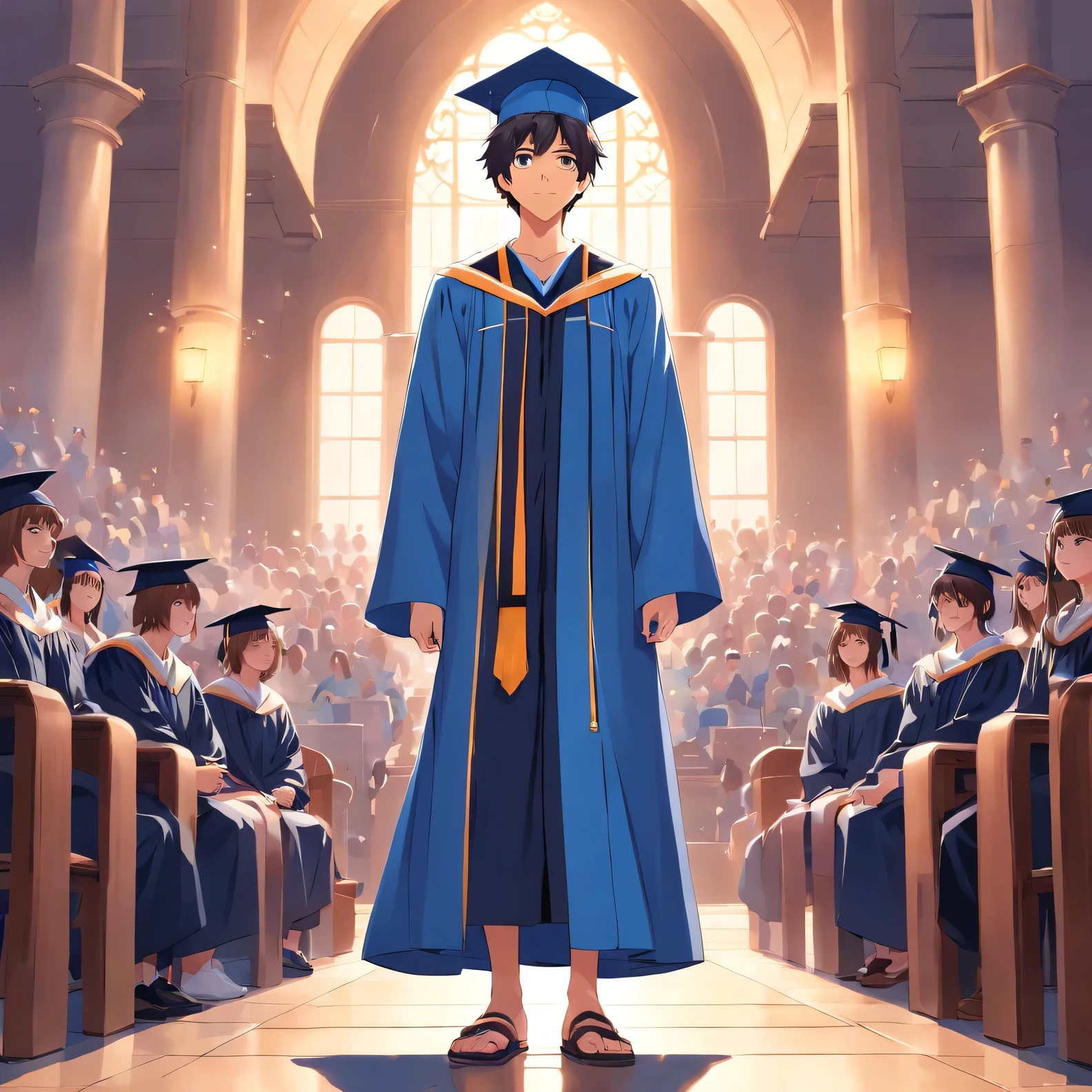 a male wearing a graduation gown, blue and black gown, toga hat, graduation ceremony, full body, from view, no background