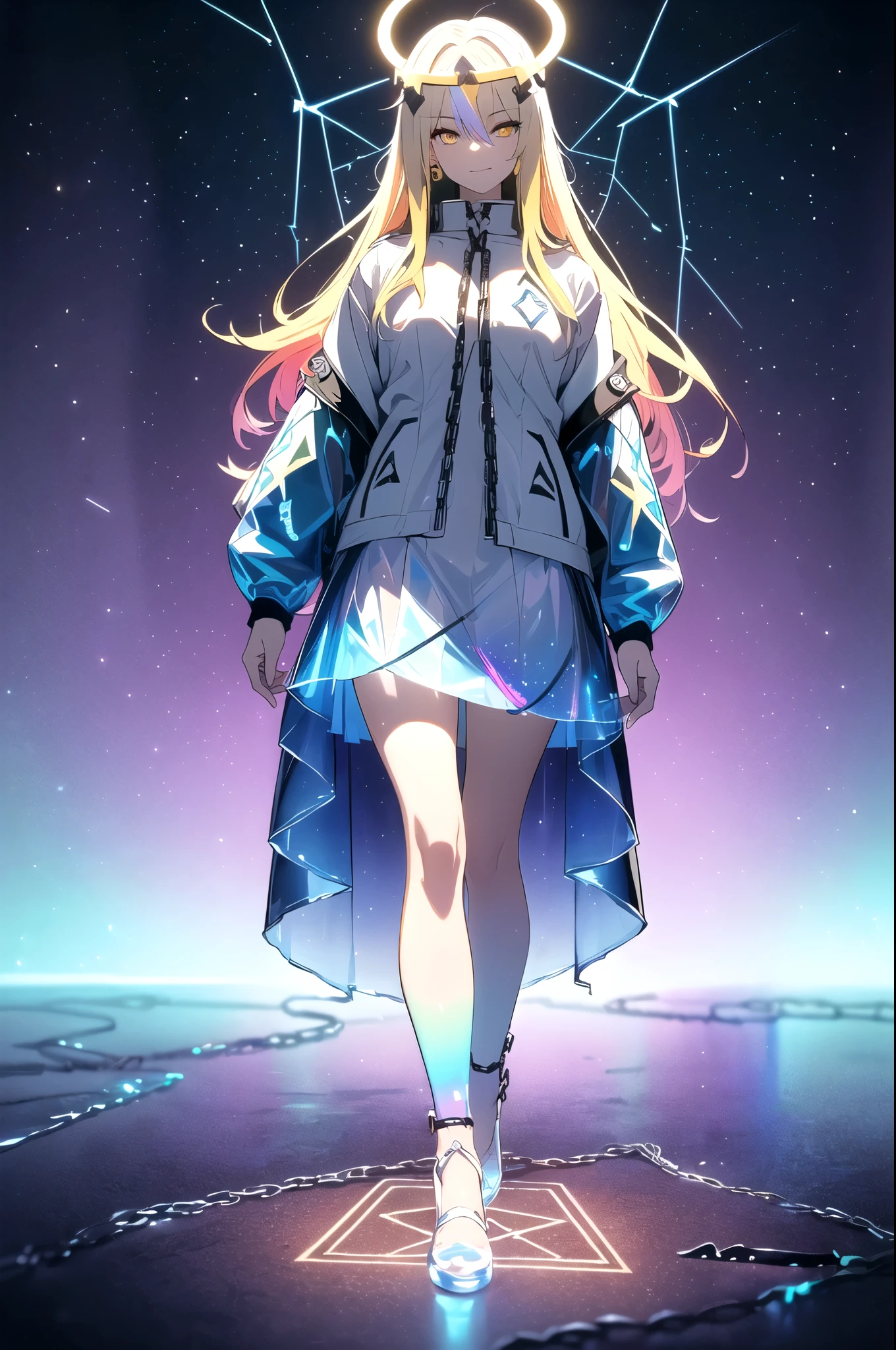 (blonde hair, long hair, sidelocks), (eyes with a mix of yellow and blue irises:1.5), two-tone eyes, (multicolored eyes:1.5) (gradient eyes:1.5), (white and blue jacket with constellation prints:1.5), (best quality,4k,8k,highres,masterpiece:1.2), ultra-detailed, portraits, (HDR:1.1), (vivid colors:1.1), (studio lighting), (bokeh), (highly saturated colors), (soft lighting), (detailed background), (subtle shadows), (ethereal glow), (pastel color palette), (delicate details), (sublime beauty), (feminine charm), (crisp focus), (fine brushwork), (impeccable craftsmanship), (emotional depth), (captivating storytelling), (intriguing narrative), (impressive realism), (exceptional artistry), (masterpiece-worthy), (awe-inspiring), blonde hair, very long hair, sidelocks, (eyes with a mix of yellow and blue irises:1.5), (two-tone eyes:1.5), (multicolored irises:1.5), multicolored eyes (gradient eyes:1.5), white and blue jacket with constellation prints, metallic skirt, (smug:1.5), (smirk), naughty face, mischievous, futuristic clothing, science fiction setting, high-tech, glowing eyes, (unicursal hexagram-shaped irises), (full body:1.5), (chains:1.5), (holographic halo:1.5), (unicursal hexagram halo:1.5), xuer hologram Laser skirt, (transparent skirt:1.5)