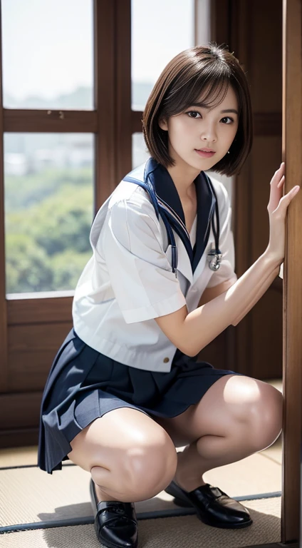 Photorealisticistic beautiful female student、18-year-old、Stunningly beautiful、Beautiful body、(highest quality、8k、32k、masterpiece、Hmph:1.3)、Ultra-high resolution,(Photorealistic:1.4),RAW Photos, Detailed face,,Beautiful Hair, ((Doctor Style)), ,Very short hair 、Very short hair、Stunningly beautiful二重まぶた、Beautiful nipples、 Natural Makeup,, Small and perfect breasts, Wet Hair、Detailed Background, Perfect lighting, Written boundary depth, Beautiful shadow gradation、Thin limbs、Thin thighs、(whole body)、、Wet body、(Japanese school classroom、blackboard)、Beautiful slim perfect body、Beautiful high nose、Trimmed thin pubic hair、(On all fours)、Glancing sideways、,((Perfect Anatomy,Nice hands,Perfect hands,Five fingers connected to the palm,Precise needles without discomfort)),Perfect Bare Feet,Delicate legs,Perfect Proportions,sexy,I can see your chest,((Japanese Sailor Suit)),((Uniform Mini Skirt)),(tie),Black socks,Chano Leather Shoes,Squatting on the classroom floor,I can see the crotch,Show me your pants,Both legs are bent,Legs are spread in an M shape,,I can see your pants,Slender thighs when viewed from the front、