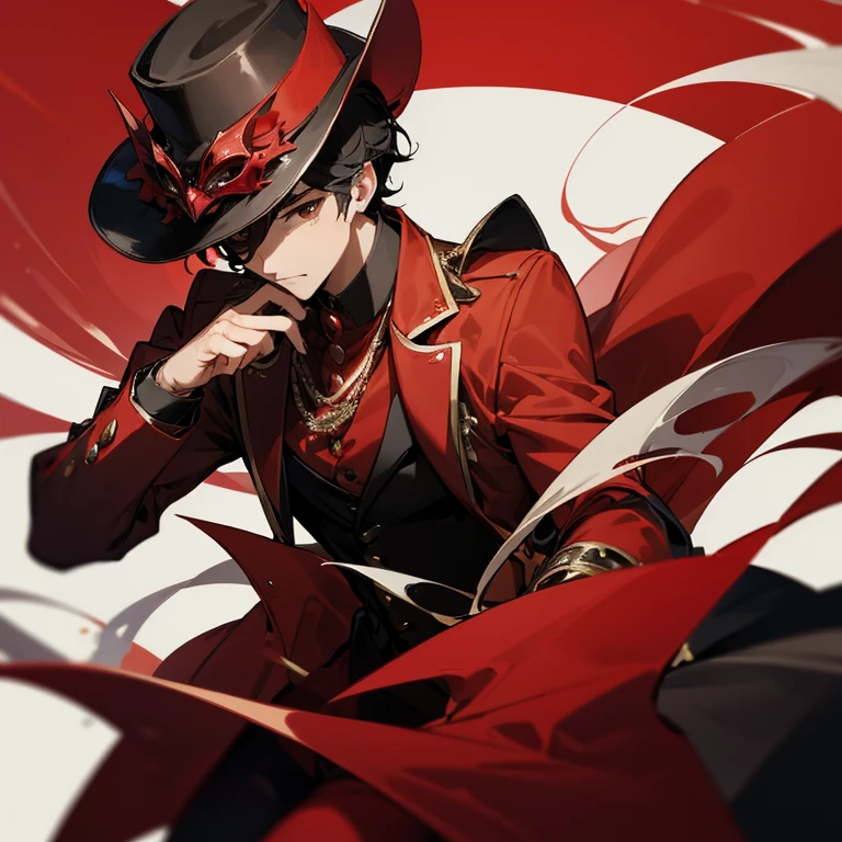 Man in red suit, black and red showman’s hat, short black hair, brown eyes, Has a masquerade mask,and red and silver rings.