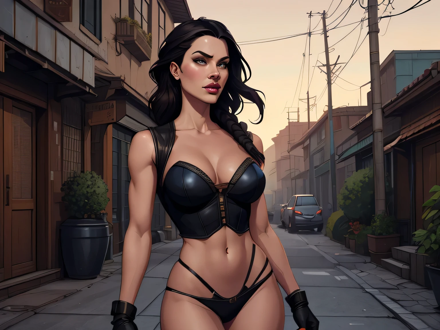 obra de arte, melhor Ella Purnellstyle Estilo cartoon estilo digital illustration artgermquality, (papel de parede extremamente detalhado da unidade CG 8k), (melhor qualidade), (best illustration), (melhor sombra), Ella Purnellstyle Estilo cartoon estilo digital illustration artgermabsurdos, Realistic lighting, (abismo), lindo brilho detalhado, arte por Peter MohrBacher, atriz Ella Purnellstyle Estilo cartoon digital illustration estilo artgerm Estilo cartoon digital illustration Estilo GTA uma mulher com roupas de couro andando pela rua, vestindo armadura de assassino de couro, armadura de couro skimpy, roupas de couro de fantasia, Roupa de Fantasia, in a leather espartilho, Yennefer, lara croft medieval, bela assassina feminina, fantasia sombria cyberpunk sedutora, Yennefer de Vengerberg, Armadura deslumbrante, weared em armadura de couro, espartilho, em armadura de couro, estilo cartoon, digital illustration, estilo GTA