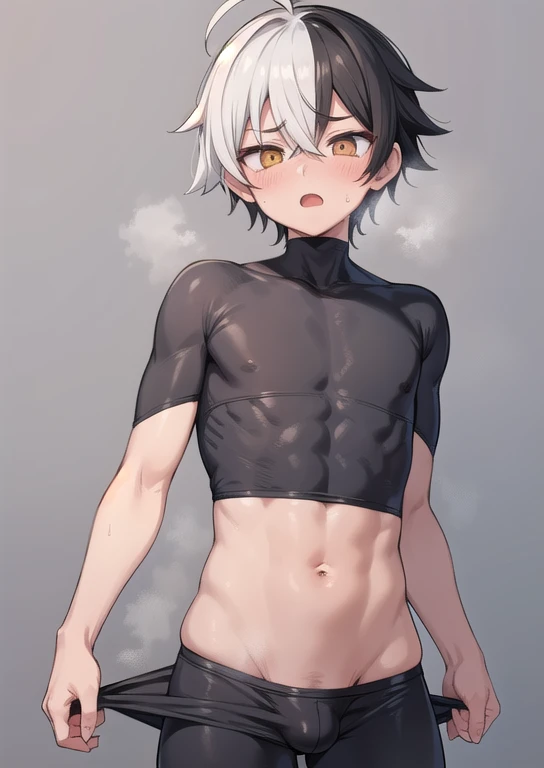 iboy,{{{bishounen}}}, otoko no ko, , nijisanji, {{{15years old}}}, nijisanji, completely flat chest, [[[[[abs]]]]], boyish, {{{very short hair}}}, pixie cut, white hair, fusion of {black hair} and {{{{{white hair}}}}},  {{{{two-tone hair}}}},  balck bangs, {{{jaggy hair}}}, spiky hair, hair between eyes, {{{{{tareme}}}}}, , small ahoge,short ahoge, golden eyes,, yoga pants, ,,blush,, (steam: 1.1), (trembling: 1.1),, open mouth, troubled eyebrows,, (bulge:1.4), covered testicles, erection under clothes, small penis