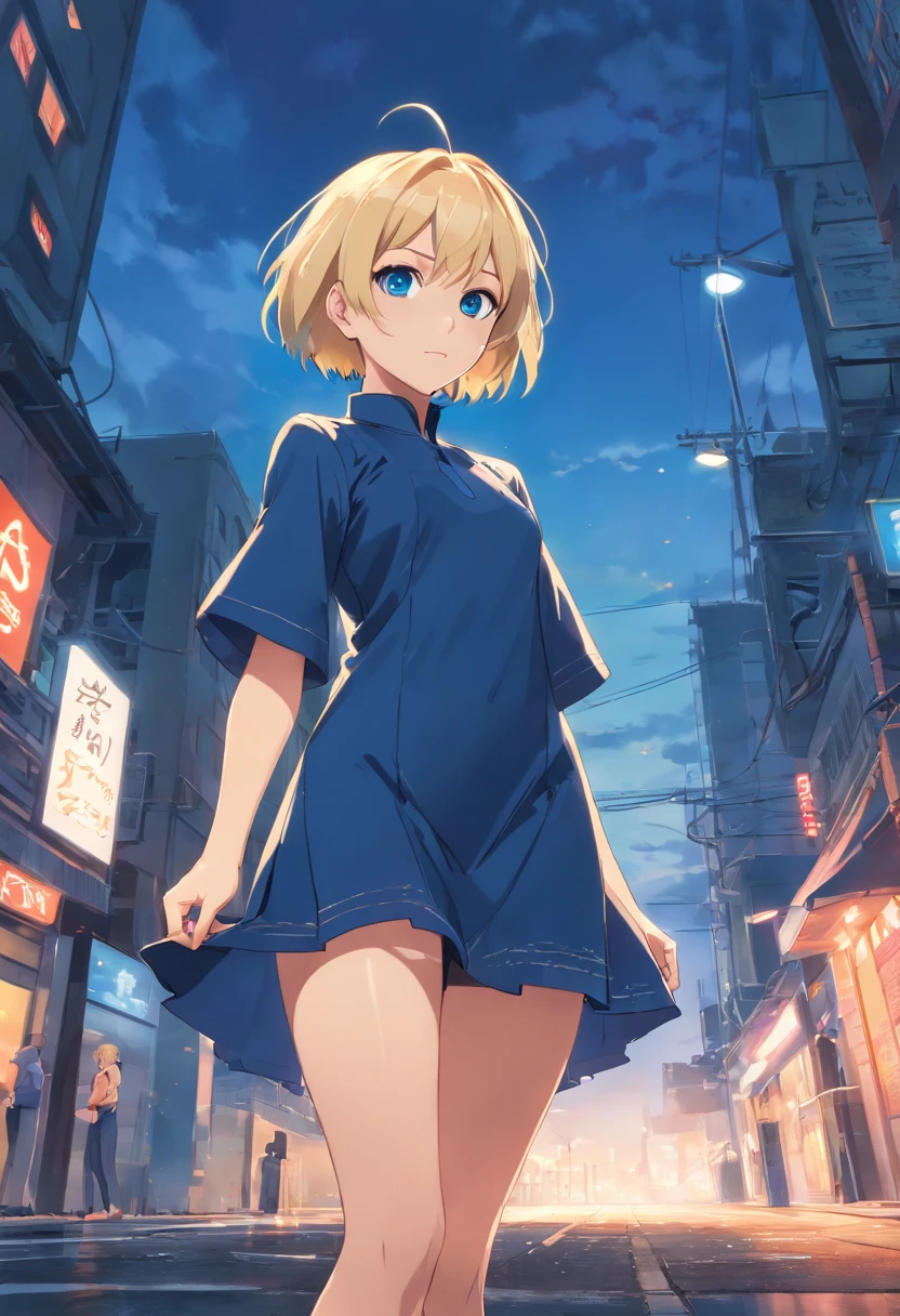 17 years old Women, ((Blonde)), ((Blue eyes)), ((Short hair)), ((Full Body)), wear a modern gothic mini dress with high boots and ripped patys