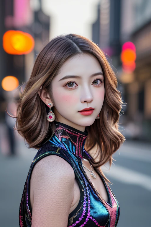 (RAW Photos, highest quality), (Realistic, Photo Realistic: 1.3), highest quality, Very detailedな, masterpiece, Hyper Detail, Kick the can, 1 girl, upper_body, Dynamic Angle, World masterpiece Theater, Messy_length_hair, highest quality, Very detailedな CG 統合 8k 壁紙, ink, wonderful, Cinema Lighting, ((Vibrant color and pattern combinations)), turtleneck,Sleeveless blouse,Silk wide pants,Black stiletto heels,beautifully,Mysterious:1.2, (One Girl:1.3), Very detailed,(Fractal Art Pattern:1.1),(colorful:1.1),Mature Woman,(Light brown shaggy シニヲンhair),しなやかな長い前hair, A kind smile, (Mouth closed), (highest qualityのmasterpiece:1.2) Delicate illustrations, Most detailed,Full Body Portrait, (Street background:1.3), (Shiny skin), (Many colors:1.4), ,(Earrings), (液body金属1.5),necklace,
