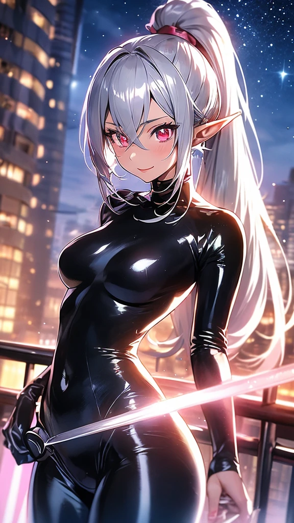 An elf woman, very black tanned skin, beautiful silver hair, pointed ears, beautiful red eyes, thick pink lips, ponytail, shiny black rubber suit, beautiful body line, upper body description, dear smile, open lips, close-up, 8K, night, pitch-black skyscraper rooftop, starry sky,