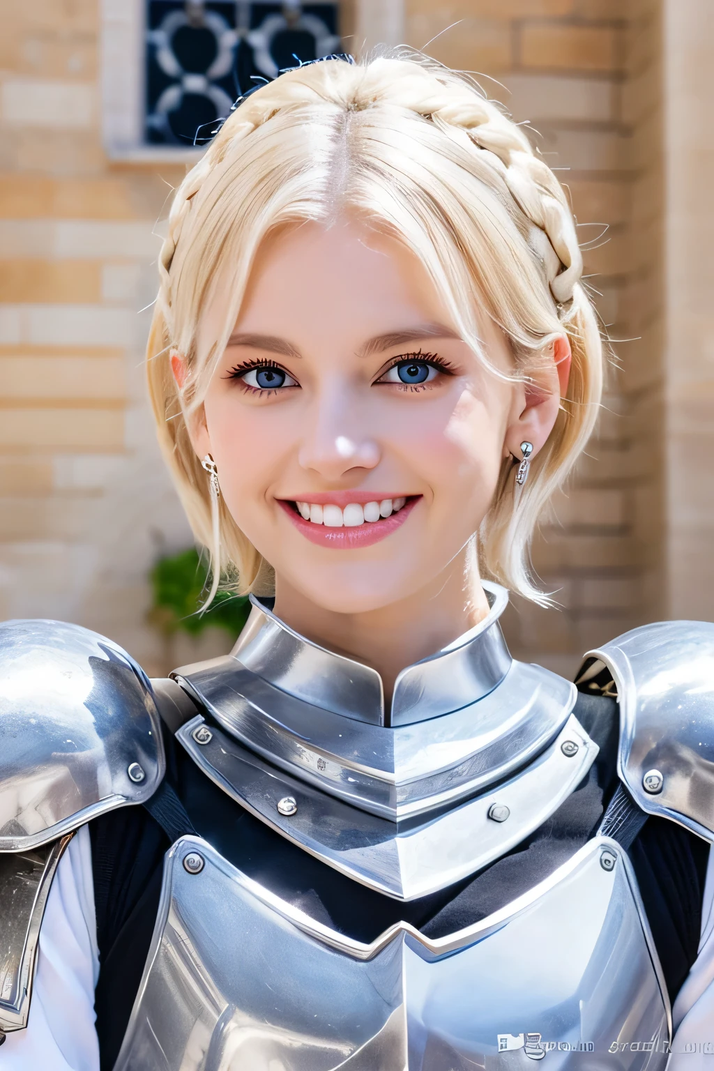 ８Ｋ、highest quality、female knight、Luxurious Silver Armor、、hairstyle short cut、smile、beautiful teeth、full body photo、ear piercing、blonde、white woman、blue eyes、heavy makeup、The background is inside the castle

