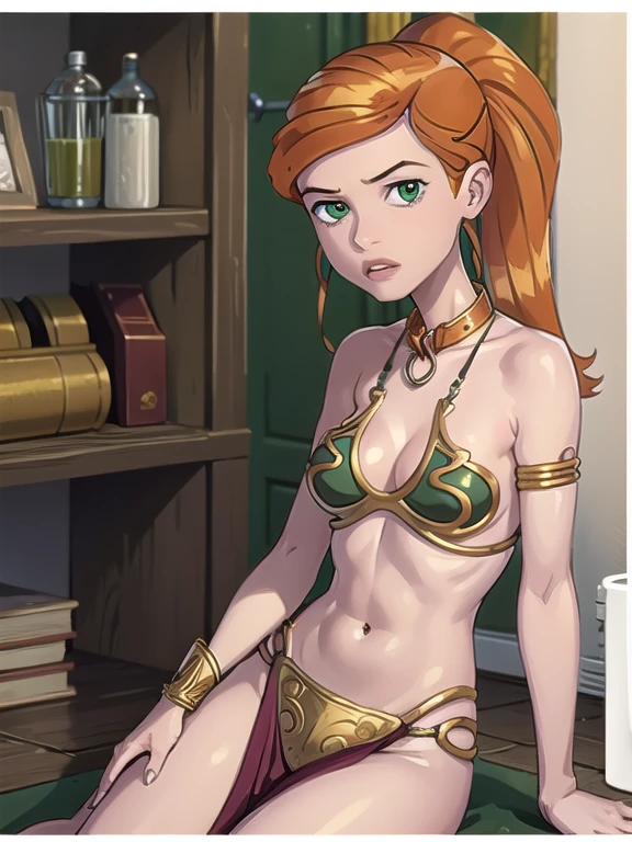 1girl, solo, orange hair, green eyes, lips, slim, slender, medium breasts, CONCEPT_princess_leia_gold_bikini_ownwaifu,www.ownwaifu.com, pelvic curtain, cleavage, ponytail, hair ornament, loincloth, armlet, bikini armor, collar, bracelet, bikini, gold chain, cosplay, alternate costume, indoors, ((dungeon)), looking at viewer,