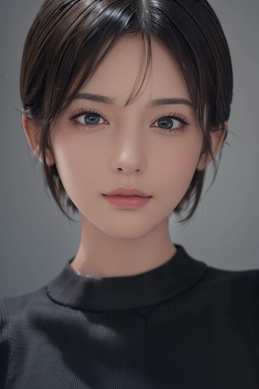 (masterpiece:1.3), (8k, Realistic, RAW Photos, highest quality: 1.4), (One girl), Beautiful Face, (Realistic Face), (Black Hair, short hair:1.3), Beautiful hairstyle, Realistic eyes, Beautiful fine details, (Realistic Skin), Beautiful Skin, (sweater), Absurd, Charm, Ultra-high resolution, Ultra-realistic, Very detailed, Golden Ratio