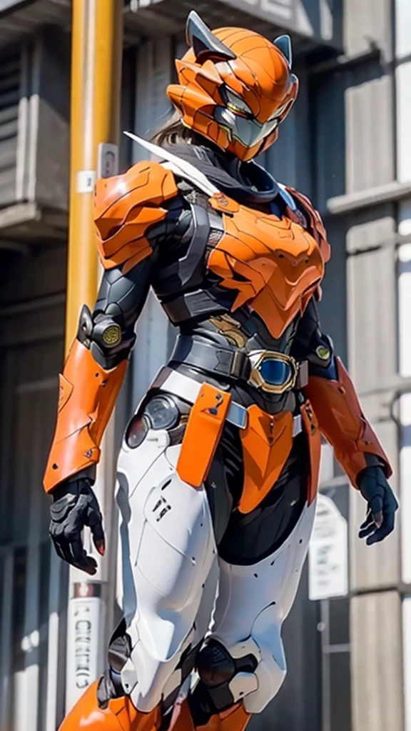 A woman adorned in fantasy-style full-body armor, a crown-concept fully enclosed helmet that unveils only her eyes, a composite layered chest plate, fully encompassing shoulder and hand guards, a lightweight waist armor, form-fitting shin guards, the overall design is heavy-duty yet flexible, ((Kamen Rider Tiger orange ,white and black lanes color)), ((belt, driver transform)), exhibiting a noble aura, she floats above a fantasy-surreal high-tech city, this character embodies a finely crafted fantasy-surreal style armored hero in anime style, exquisite and mature manga art style, (Queen bee mixed with Spider concept Armor, plasma, blood), ((Element, energy, elegant, goddess, femminine:1.5)), metallic, high definition, best quality, highres, ultra-detailed, ultra-fine painting, extremely delicate, professional, anatomically correct, symmetrical face, extremely detailed eyes and face, high quality eyes, creativity, RAW photo, UHD, 32k, Natural light, cinematic lighting, masterpiece-anatomy-perfect, masterpiece:1.5