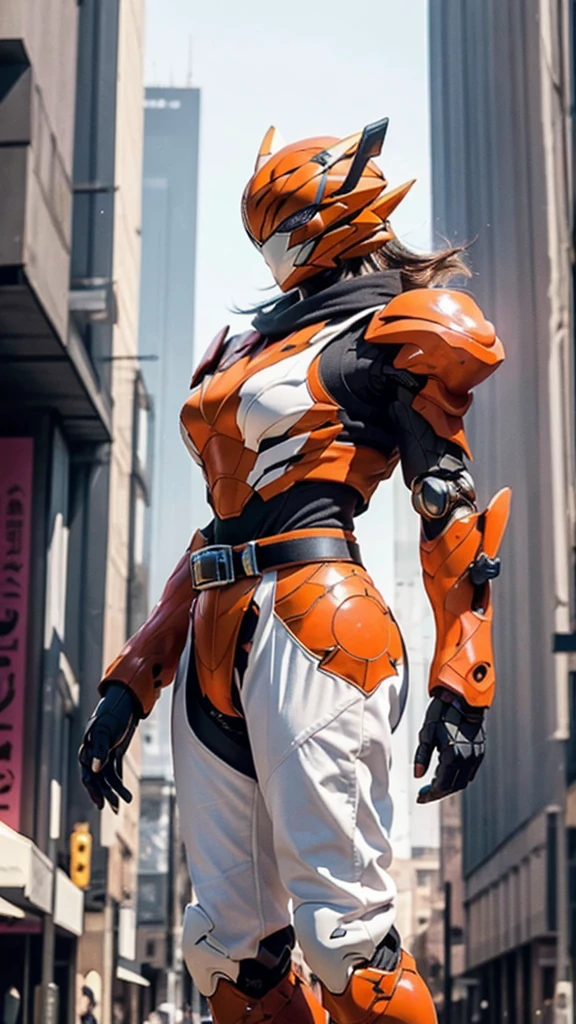 A woman adorned in fantasy-style full-body armor, a crown-concept fully enclosed helmet that unveils only her eyes, a composite layered chest plate, fully encompassing shoulder and hand guards, a lightweight waist armor, form-fitting shin guards, the overall design is heavy-duty yet flexible, ((Kamen Rider Tiger orange ,white and black lanes color)), ((belt, driver transform)), exhibiting a noble aura, she floats above a fantasy-surreal high-tech city, this character embodies a finely crafted fantasy-surreal style armored hero in anime style, exquisite and mature manga art style, (Queen bee mixed with Spider concept Armor, plasma, blood), ((Element, energy, elegant, goddess, femminine:1.5)), metallic, high definition, best quality, highres, ultra-detailed, ultra-fine painting, extremely delicate, professional, anatomically correct, symmetrical face, extremely detailed eyes and face, high quality eyes, creativity, RAW photo, UHD, 32k, Natural light, cinematic lighting, masterpiece-anatomy-perfect, masterpiece:1.5