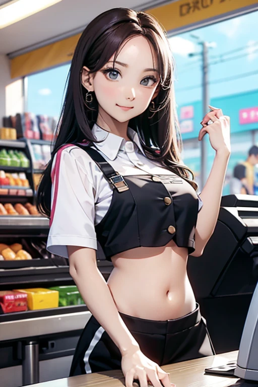 Cashier girl, crop top cashier uniform, showing navel,  convenience store, behind the cashier, 