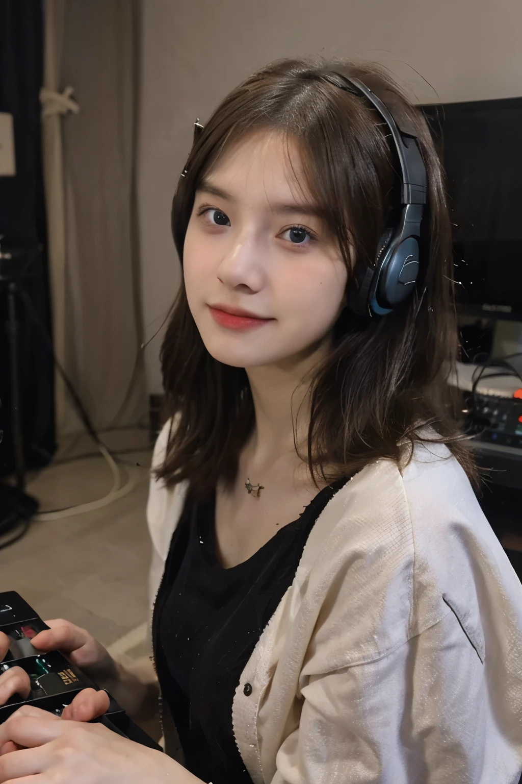 Photo of a 20-year-old woman, perfect face, masterpiece, good, home recording, wear headphones, midi controller, Run your DAW