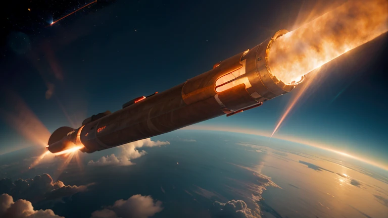 A vast, gigantic, elongated cigar-shaped alien craft exploring in space with light blue and red rays emanating from it