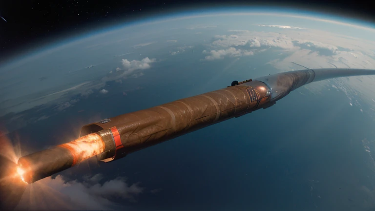 A vast, gigantic, elongated cigar-shaped alien craft exploring in space with light blue and red rays emanating from it