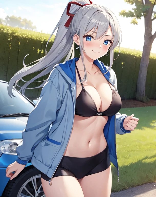 (((masterpiece))), ShizukaMikazuki, One Girl, alone, View your viewers, Long Hair, Gray Hair, Long sleeve, Cleavage, Large Breasts, Mature Body,clavicle, Jacket, Open clothes, open Jacket, blue Jacket, Ground vehicles, Play sports often, bicycle,blue eyes, High Ponytail, Red ribbon,smile,Embarrassed face,Earrings,Belly button exposed