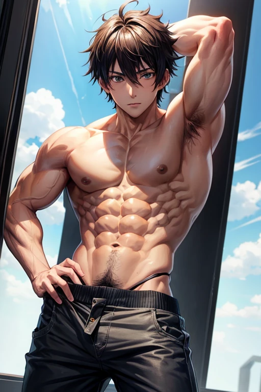 Hot anime boy pulling his pants down and shows hairy belly button and abs