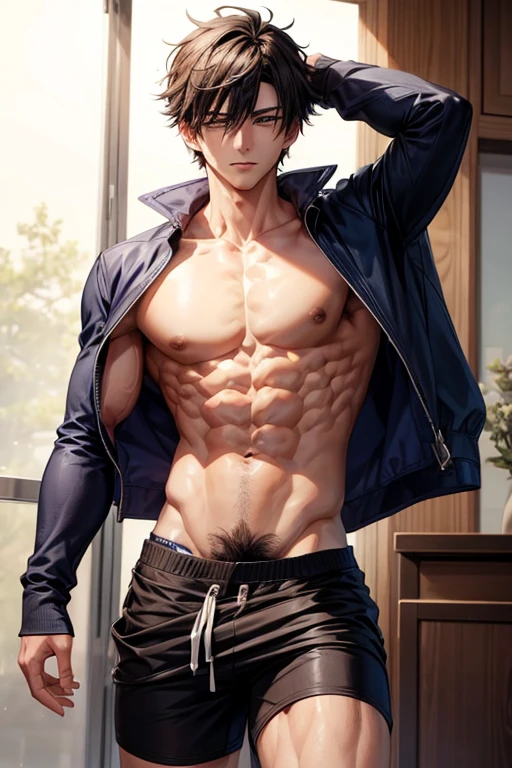 Hot anime boy pulling his pants down and shows hairy belly button and abs