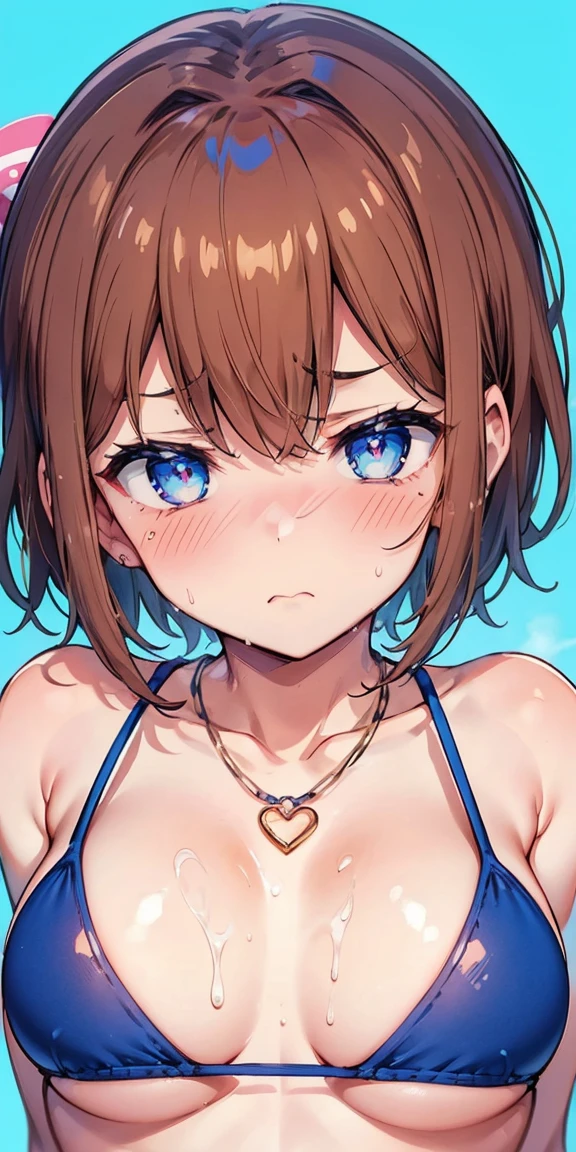1 girl,heart-shaped pupils, put your hand on your face, (brown hair), (blue eyes), (short hair), ((hime hair)) (blush:1.1), necklace, Upper body, trembling, Sweat, Sweatdrop, heart, (speed line:1.1), ((Flat milk)), ((heavy breathing:1.3)), like, heart, blue croptop, embarrassed, ((embarrased expression)), shy, Yandere, ((LOLI)), blue string  bottoms, (YOUNG), simple blue background