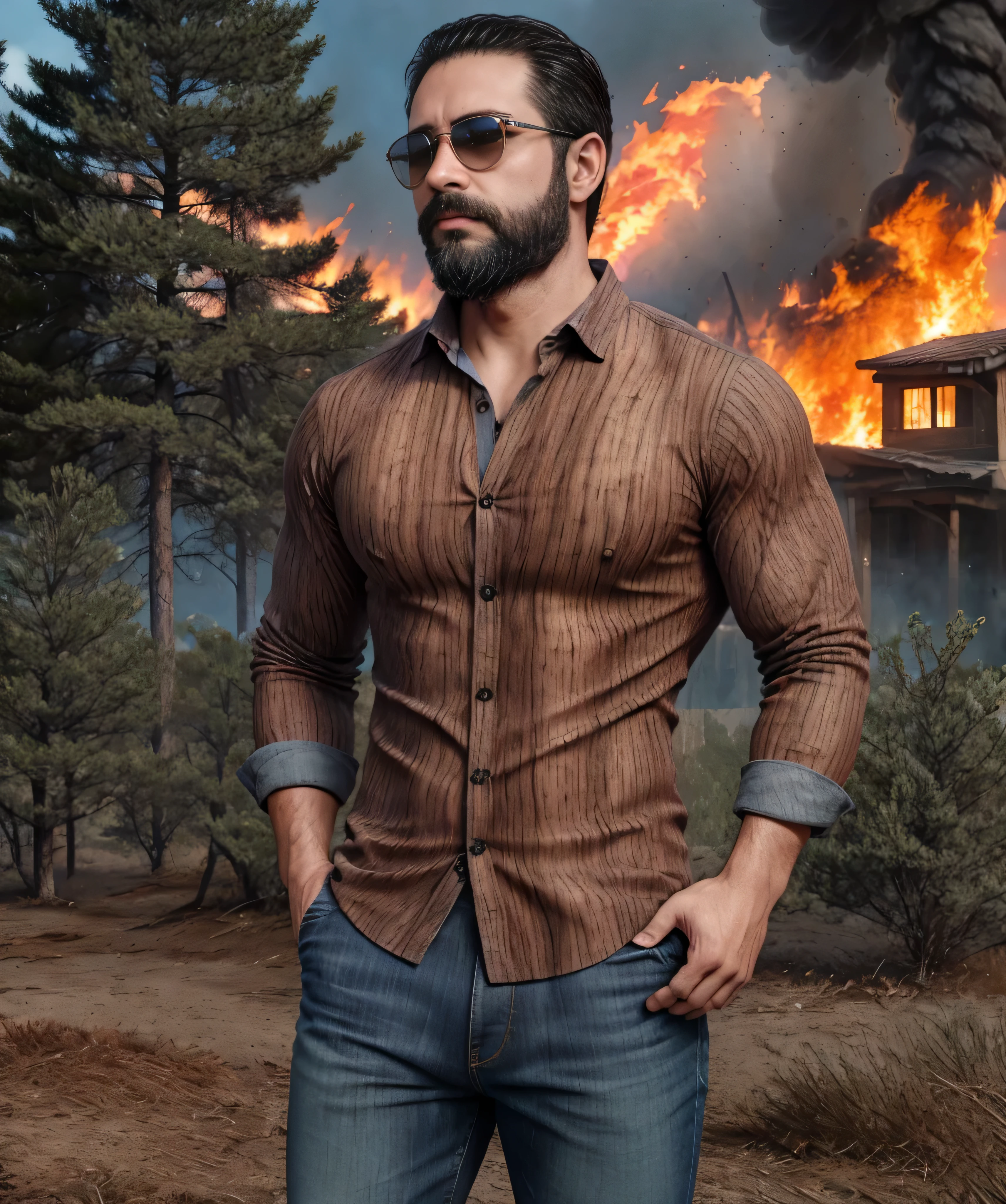 Obra maestra, desenfoque de campo, Parte superior del cuerpo, Hands in pants pockets , 38 year old man with beard and square sunglasses.. Man wearing a wooden shirt in an action movie with a fire storm in the background. Camisa de madera.