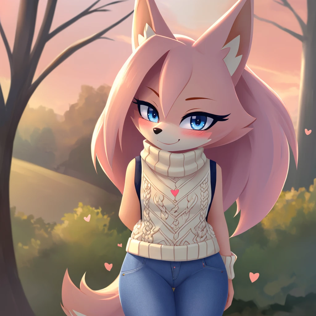 Whisper the wolf, blue eyes, blushing, sweater, ((sleeveless sweater)), jeans, smile, closed mouth, cute, hearts, looking at viewer, outline, Intricate Details, Masterpiece, Best Quality, High Quality, Studio Quality, Best Detail, Perfect Detail, Refine Detail.