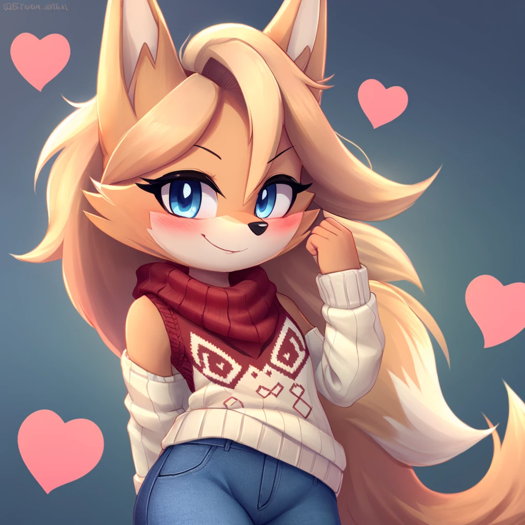 Whisper the wolf, blue eyes, blushing, sweater, ((sleeveless sweater)), jeans, smile, closed mouth, cute, hearts, looking at viewer, outline, Intricate Details, Masterpiece, Best Quality, High Quality, Studio Quality, Best Detail, Perfect Detail, Refine Detail.