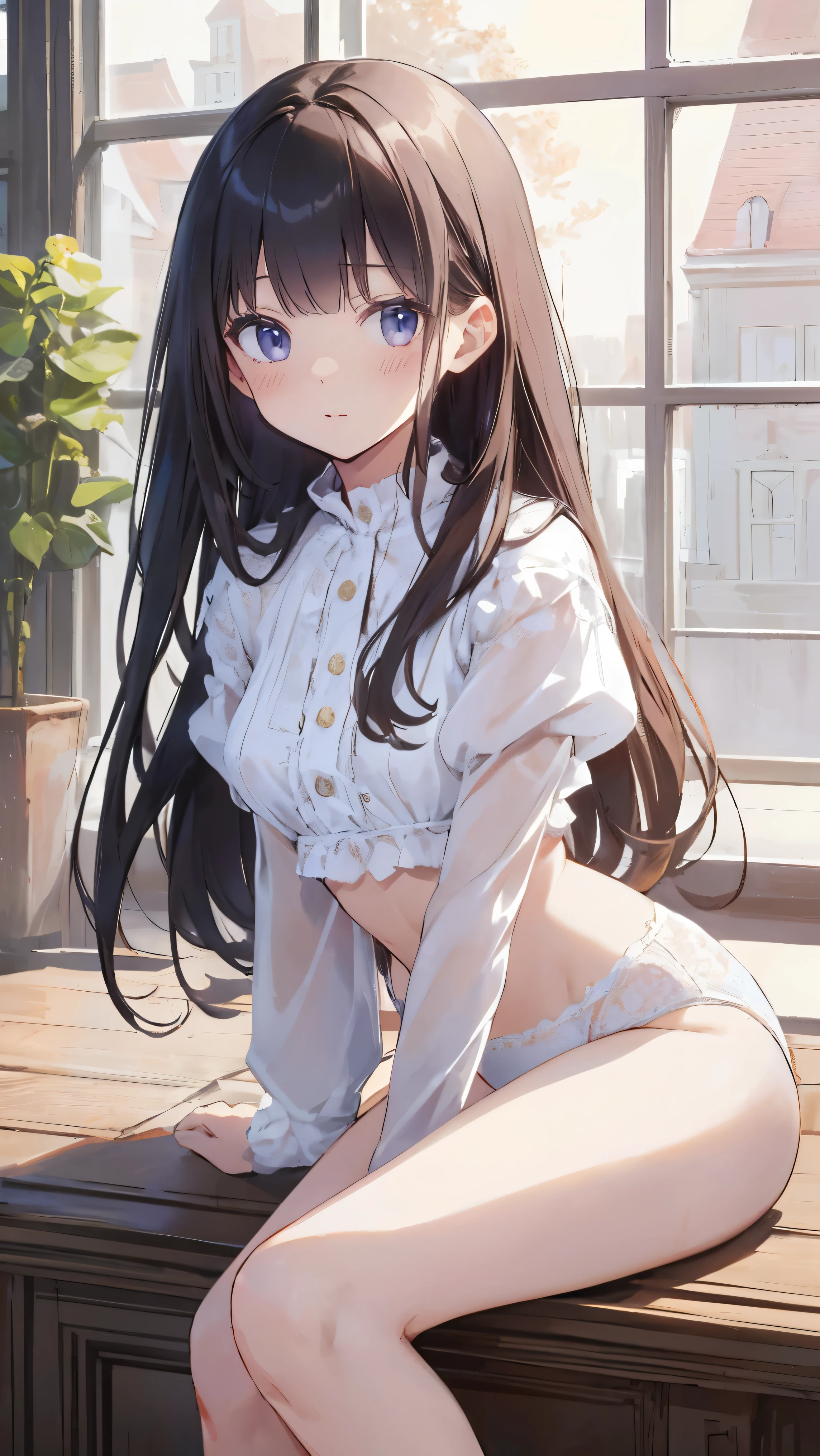 Masterpiece、Highest quality、highest quality、((()))、 ((((Petite)))))、Shiny hair quality、Small face、Sitting、Super detailed, beautiful, wide eyes、Ultra-detailed, clear and beautiful faces、(cute illustration:1.2), High-resolution, ultra-detailed, best quality, embarrassed 、Cute white underwear、Thighs