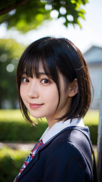 (highest quality,masterpiece:1.3,ultra high resolution),(Super detailed,caustics,8k),(photorealistic:1.4,RAW shooting),1 girl,18-year-old,cute,Japanese,black short bob,(school uniform),(Looking at me with a smile),morning,blue sky,sun,Natural light,school playground,(front shot),face focus,face close up,bust up shot,low position,Low - Angle,Backlight,Lens flare
