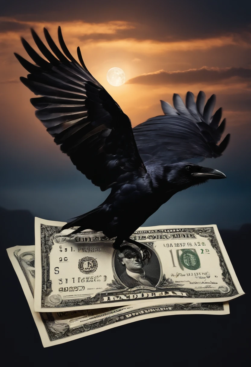A Raven Flying at night holding a dollar bill