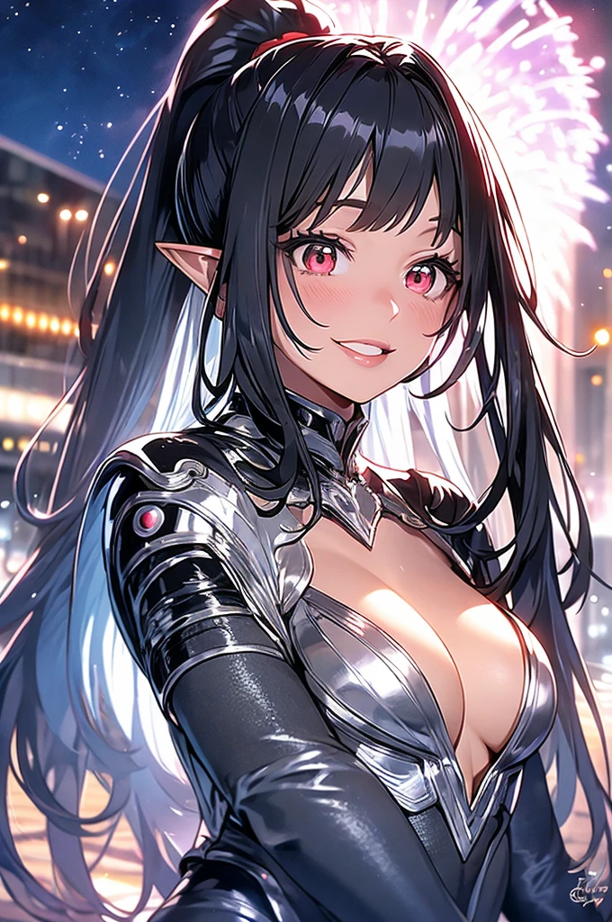 An elf woman, very black tanned skin, beautiful silver hair, pointed ears, beautiful red eyes, thick pink lips, ponytail, shiny black rubber suit, gloves, beautiful body line, upper body description , dear smile, open lips, close-up, 8K, night, pitch-black skyscraper rooftop, starry sky,