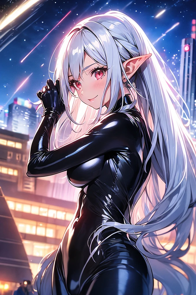 An elf woman, very black tanned skin, beautiful silver hair, pointed ears, beautiful red eyes, thick pink lips, ponytail, shiny black rubber suit, gloves, beautiful body line, upper body description , dear smile, open lips, close-up, 8K, night, pitch-black skyscraper rooftop, starry sky,