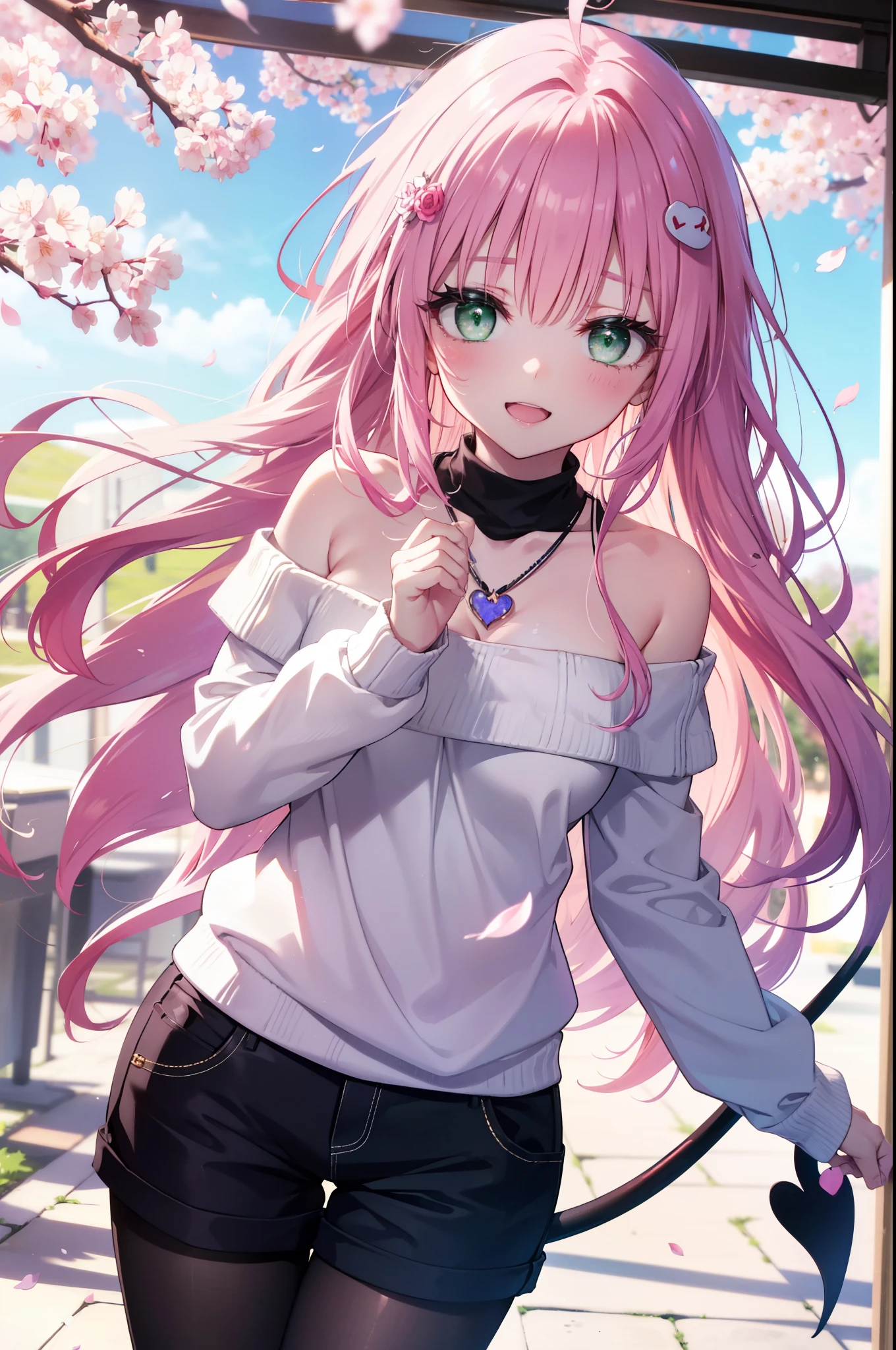 Lara Deviluke, Lara Deviluke, Long Hair, Pink Hair, tail, Ahoge, bangs, hair ornaments, (Green Eyes:1.5), happy smile, smile, Open your mouth,demon tail,Off-the-shoulder sweater,Exposing shoulders,bare clavicle,Bare neck,Heart Pendant,Shorts,Black Pantyhose,short boots,Cherry blossoms are blooming,Cherry blossoms are scattered,Cherry blossom tree-lined path,Daytime,Clear skies,
break outdoors, city,ビル街
break looking at viewer, (Cowboy Shot:1. 5)
break (masterpiece:1.2), highest quality, High resolution, unity 8k w全てpaper, (shape:0.8), (beautiful detailed eyes:1.6), extremely detailed face, Perfect lighting, extremely detailed CG, (Perfect hands, Perfect Anatomy),