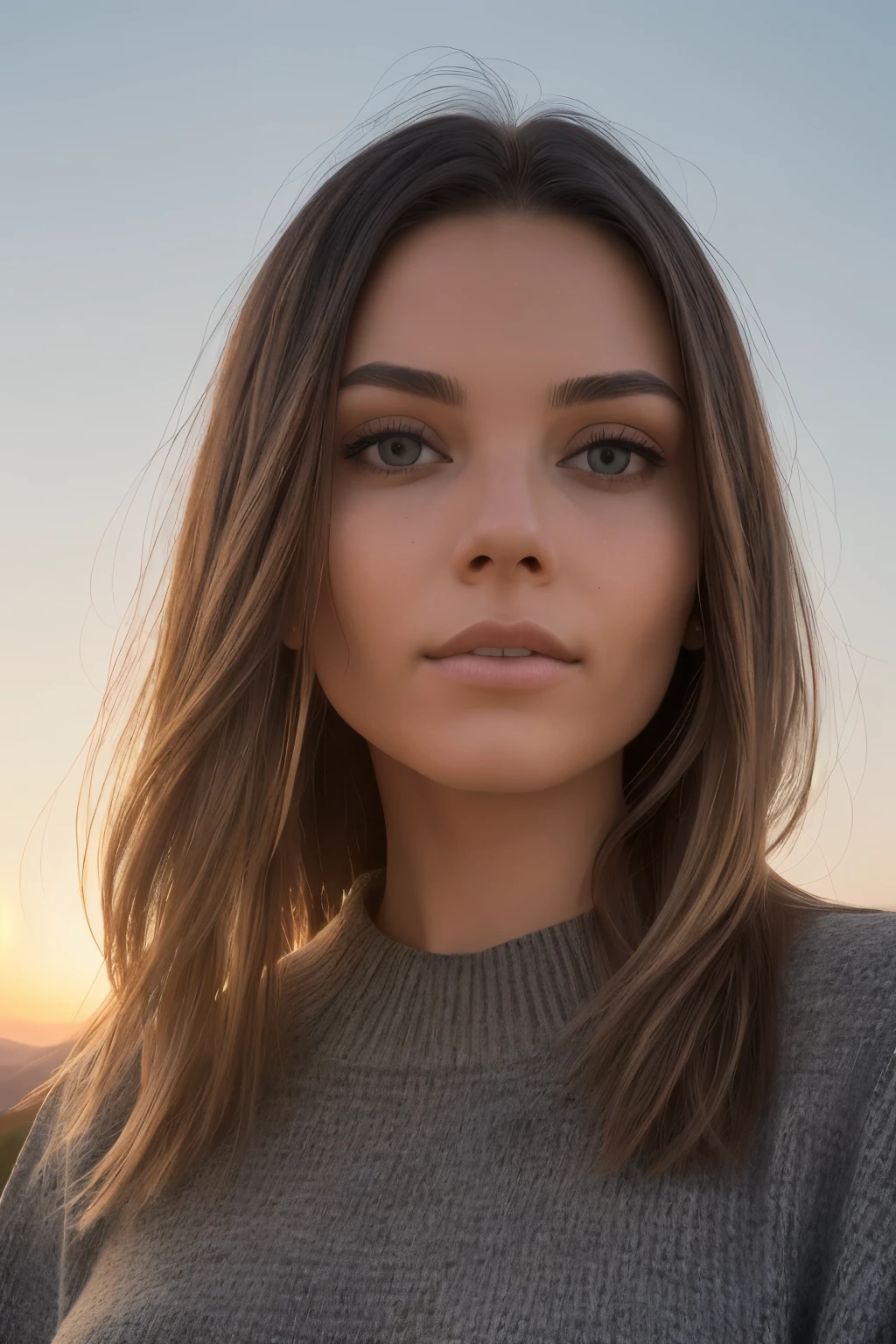 closeup headshot of S010_AlexGrey_v2, a stunning woman, on a (hill:1.2), (elevation:1.2), (countryside:1.1), wearing a (sweater:1.2), (sunset), (8k, RAW photo, best quality, depth of field, ultra high res:1.2), (absurdres, intricate, photorealistic, masterpiece, ultra-detailed:1.3)