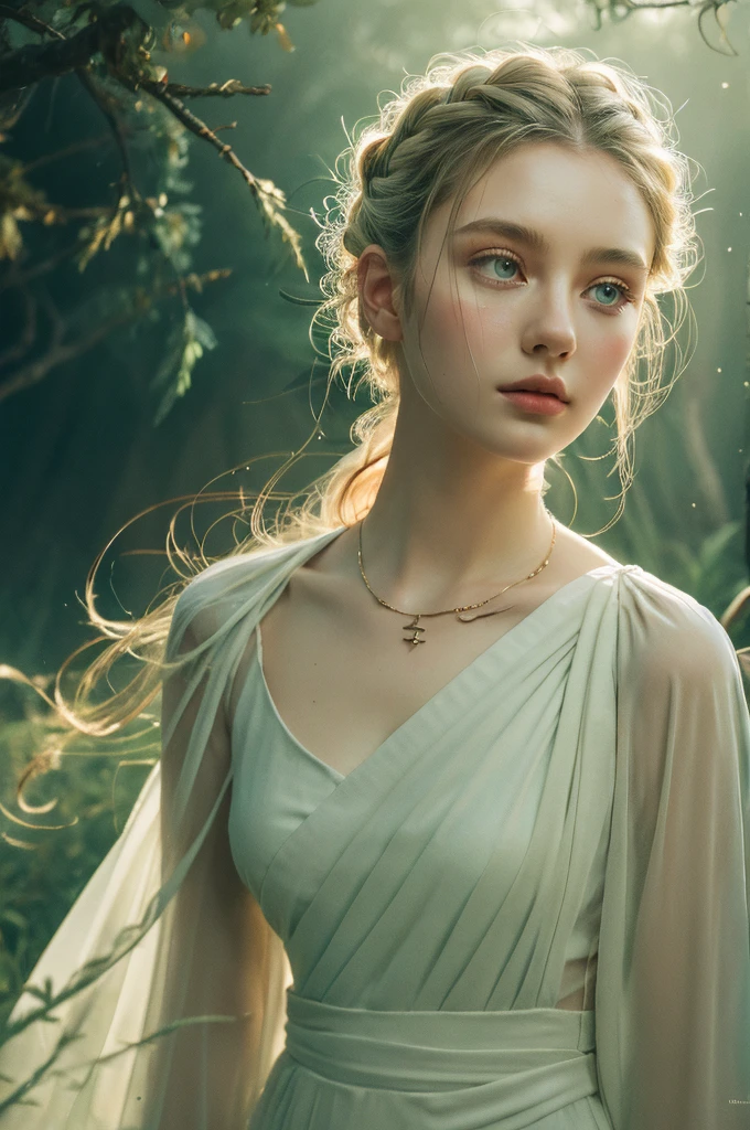 ( masterpiece, top quality, best quality,8k, girl,ultra detailed,raw photo:1.5),(photorealistic:1.4), (cinematic lighting), PerfectNwsjMajic, , Surrealism, UHD, ccurate, Super detail, textured skin, High detail, Best quality, dynamic angle, White skin,[Beautiful blue eyes], high nose,[flat chest:large breasts:0.5],(1girl),((good anatomy:0.5)), Dreamy atmosphere,expressive brush strokes, mystical ambiance, Artistic interpretation, Stunning Studio Ghibli style white costumes, a whimsical illustration, Subtle colors and tones, mystical aura, jewelry, splendor, portrait, cornrow