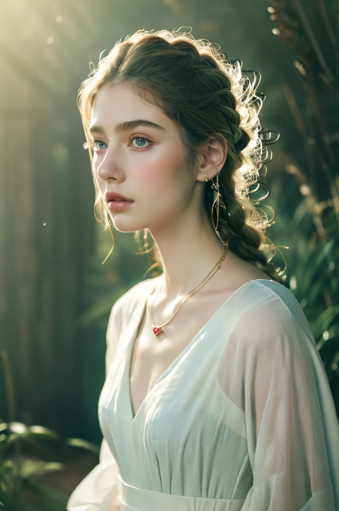 ( masterpiece, top quality, best quality,8k,17 years old girl,ultra detailed,raw photo:1.5),(photorealistic:1.4), (cinematic lighting), PerfectNwsjMajic, , Surrealism, UHD, ccurate, Super detail, textured skin, High detail, Best quality, dynamic angle, White skin,[Beautiful blue eyes], high nose,[flat chest:large breasts:0.5],(1girl),((good anatomy:0.5)), Dreamy atmosphere,expressive brush strokes, mystical ambiance, Artistic interpretation, Stunning Studio Ghibli style white costumes, a whimsical illustration, Subtle colors and tones, mystical aura, jewelry, splendor, portrait, cornrow