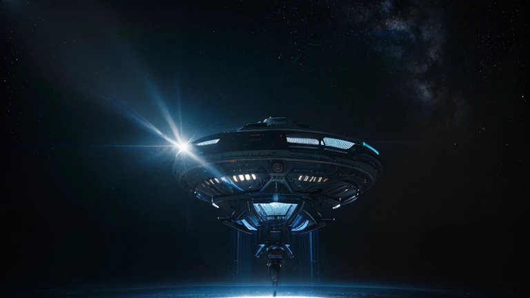 (highres,masterpiece:1.2),ultra-detailed,(realistic,photorealistic,photo-realistic:1.37),extraterrestrial,alien,spaceship,exploring,space,vast,gigantic,elongated,blue light rays,red light rays