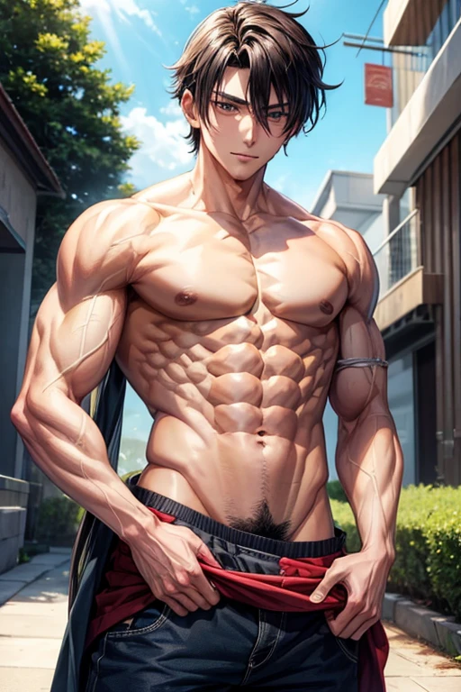 Hot anime boy pulling his pants down and shows hairy belly button and abs