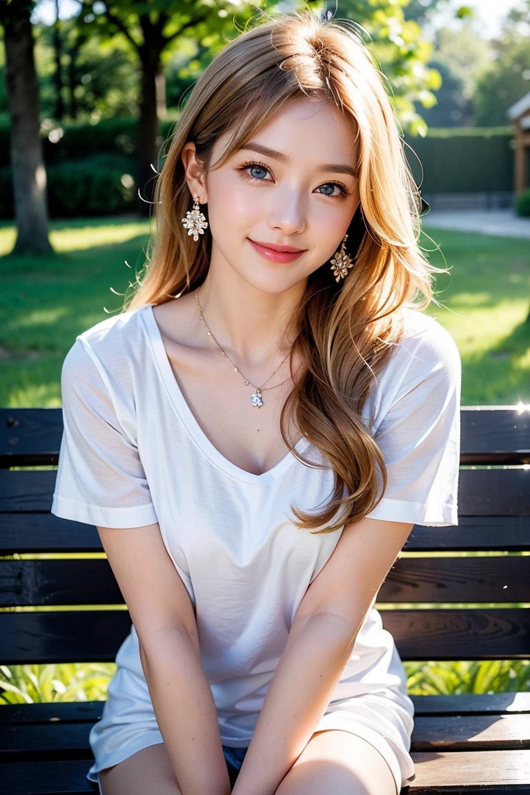 Save this image:1.2、Pale face and eyes:1.3、薄くてPale face and eyes:1.3, blue eyes:1.3、{highest quality}, {{masterpiece}}, {Very delicate and beautiful}, Extraordinary light and shadow, Highly detailed wallpaper, Sunny and bright, whole body, whole body、 1 girl, , blush:1.2、Shaggy blonde long hair:1.3, Cut your bangs evenly at eyebrow height:1.5、Strong sunlight, (White T-shirt)、 Delicate Hair,Realistic skin texture, B cup breasts、Visible wrinkles on the skin., Broad shoulders:1.2, ((A strong light shines on your face:1.5)), color々Strike a Pose:1.5, necklace、ring、earrings、(歯を見せたsmile:1,5)、smile:1.5、Park Background:1.5, Ray Tracing、Sit with your legs crossed on a bench:1.5、Cowboy Shot:1.5