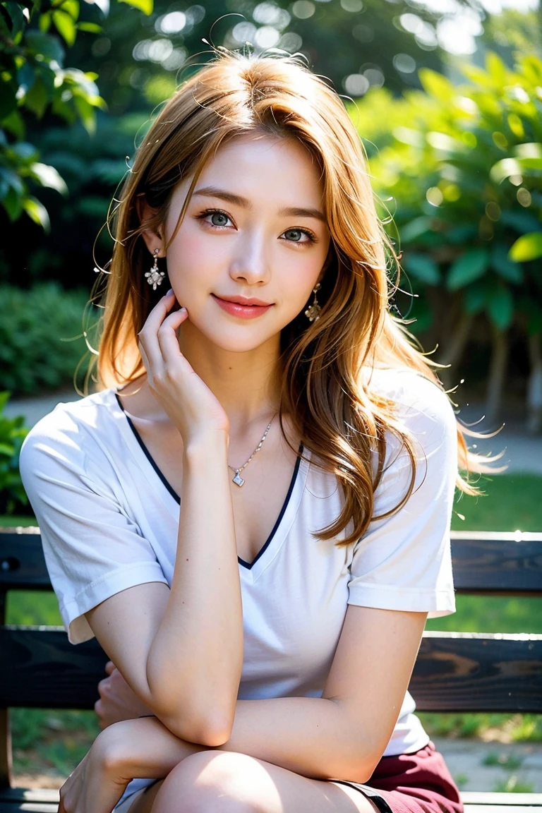 Save this image:1.2、Pale face and eyes:1.3、薄くてPale face and eyes:1.3, blue eyes:1.3、{highest quality}, {{masterpiece}}, {Very delicate and beautiful}, Extraordinary light and shadow, Highly detailed wallpaper, Sunny and bright, whole body, whole body、 1 girl, , blush:1.2、Shaggy blonde long hair:1.3, Cut your bangs evenly at eyebrow height:1.5、Strong sunlight, (White T-shirt)、 Delicate Hair,Realistic skin texture, B cup breasts、Visible wrinkles on the skin., Broad shoulders:1.2, ((A strong light shines on your face:1.5)), color々Strike a Pose:1.5, necklace、ring、earrings、(歯を見せたsmile:1,5)、smile:1.5、Park Background:1.5, Ray Tracing、Sit with your legs crossed on a bench:1.5、Cowboy Shot:1.5