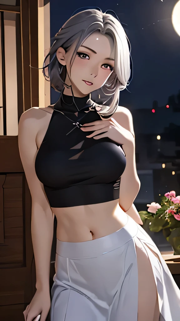 Realistic, One girl, Gray Hair, Purple eyes, Glowing Eyes, Crop top, skirt, Lips parted, blush, night, Flowers, sun, sunlight,