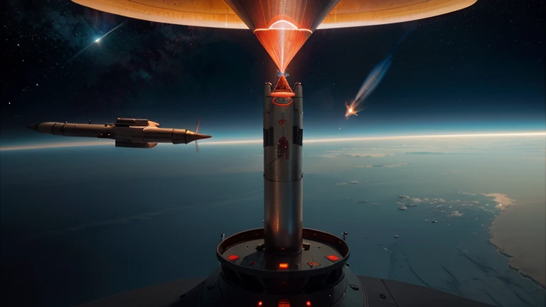 A vast, gigantic, elongated cigar-shaped alien craft exploring in space with light blue and red rays emanating from it
