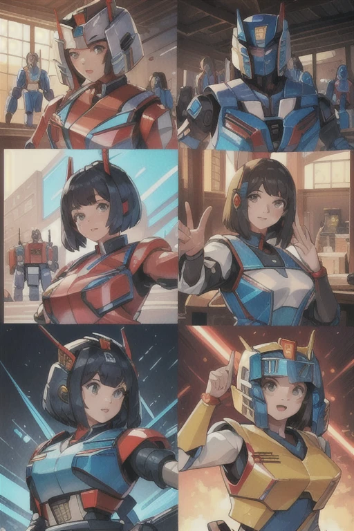 masterpiece, highest quality, (Woman Autobot), (A perfect and pretty human female face), All of the bodies have their internal skeletons exposed except for their faces., None of them are wearing exoskeletons., Everyone is showing off their bodies, Vibrant, colorful, Inside the maintenance workshop, Under maintenance, Great Hall, 背景の整備中のWoman Autobot, multi pose, Full Body Shot, Masterpiece, Group selfie, multiple, Woman Autobot, (6+Woman Autobot:1.9).