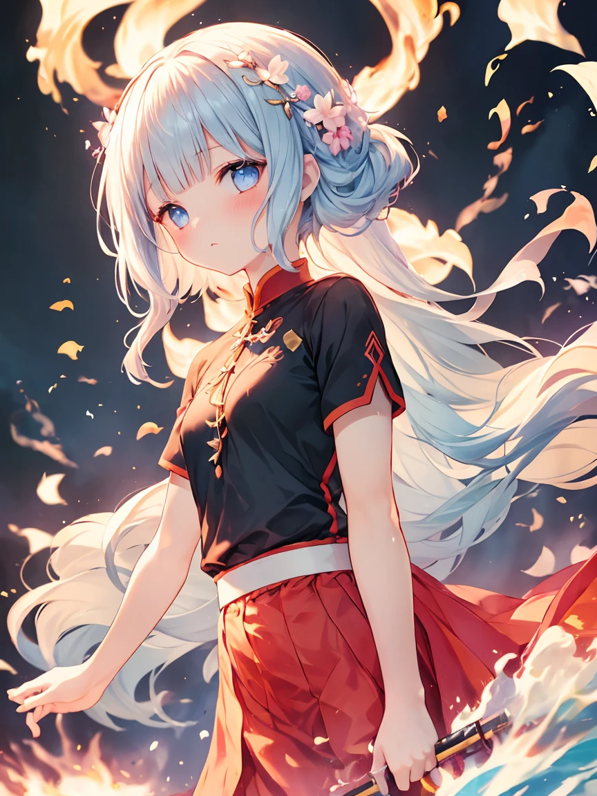 Masterpiece, best quality, extremely detailed, (illustration, official art: 1.1), (((((1 girl))))), ((light blue long hair))), light blue hair, 10 years old, ((blush)), cute face, big eyes, tareme, masterpiece, best quality, ((a very delicate and beautiful girl)))), , girl,amazing, beautiful detailed eyes, blunt bangs (((little delicate girl)))), tareme (true beautiful: 1.2),, and sweet,(Composition looking up from a low position)、,1girl,, ，flat chest,A girl, Black T-shirt, Red skirt, pencil skirts, Show off her terrifying power in battle, Defeat the forces of the Thousand Demon and the Unification Sect, Li Gu's movements were as fast as lightning, Hand-held weapons for devastating blows, The soldiers of the Fan Demon Alliance and the Unification Sect were vulnerable in front of him, Unable to withstand his terrible power, , 32K, Best quality, Masterpiece, Super detailed, High resolution, high detail
