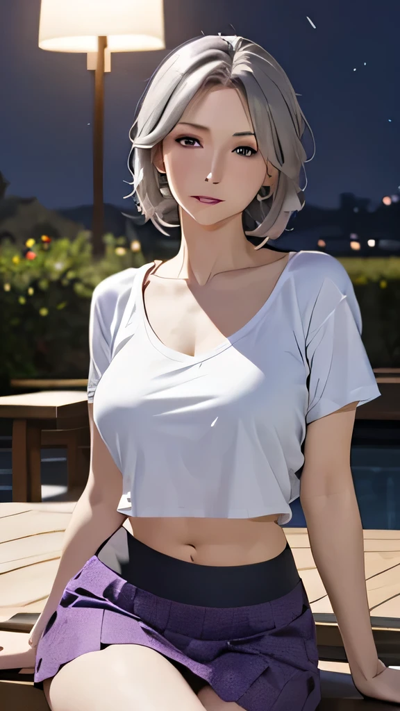 Realistic, One mature woman, Gray Hair, Purple eyes, Glowing Eyes, Crop top, skirt, Lips parted, blush, night, Flowers, sun, sunlight,