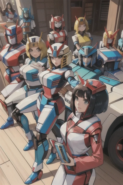 masterpiece, highest quality, (Woman Autobot), (A perfect and pretty human female face), All of the bodies have their internal skeletons exposed except for their faces., None of them are wearing exoskeletons., Everyone is showing off their bodies, Vibrant, colorful, Inside the maintenance workshop, Under maintenance, Great Hall, 背景の整備中のWoman Autobot, multi pose, Full Body Shot, Masterpiece, Group selfie, multiple, Woman Autobot, (6+Woman Autobot:1.9).