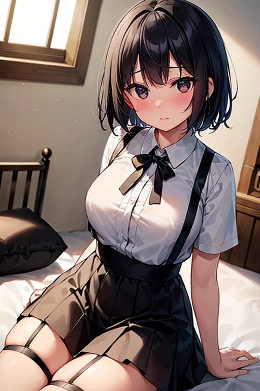 highest quality、Masterpiece、High resolution、Glossy black hair、Bobcut、Looking at the audience、（Black eyes：1.8）、suspenders、Swollen breasts、Sheer　Slightly 0.8、Shy 、Blushing、Shy、Highly detailed face、White dress shirt、Black ribbon on chest、Black mini skirt　garter belt　Black knee-high socks、Captivating thighs、beautiful、Biologically correct５Finger、Biologically correct足の曲げ方、sight、one person 、Detailed Background、Bedroom、Warm sunlight through the window、Proof of perfection、Sit on the edge of the bed、Biologically correct足の長さ