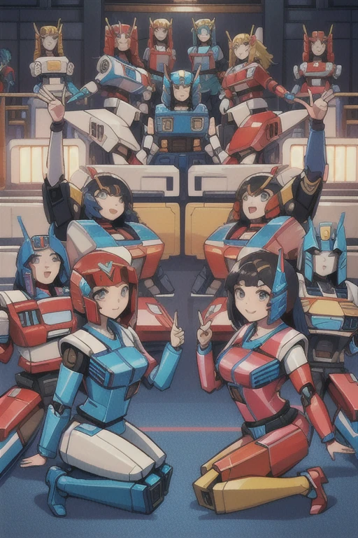 masterpiece, highest quality, (Woman Autobot), (A perfect and pretty human female face), All of the bodies have their internal skeletons exposed except for their faces., None of them are wearing exoskeletons., Everyone is showing off their bodies, Vibrant, colorful, Inside the maintenance workshop, Under maintenance, Great Hall, 背景の整備中のWoman Autobot, multi pose, Full Body Shot, Masterpiece, Group selfie, multiple, Woman Autobot, (6+Woman Autobot:1.9).